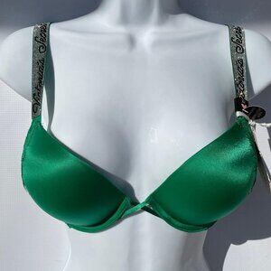 Victoria's Secret Emerald Green Satin Push-Up Bra with Logo Straps